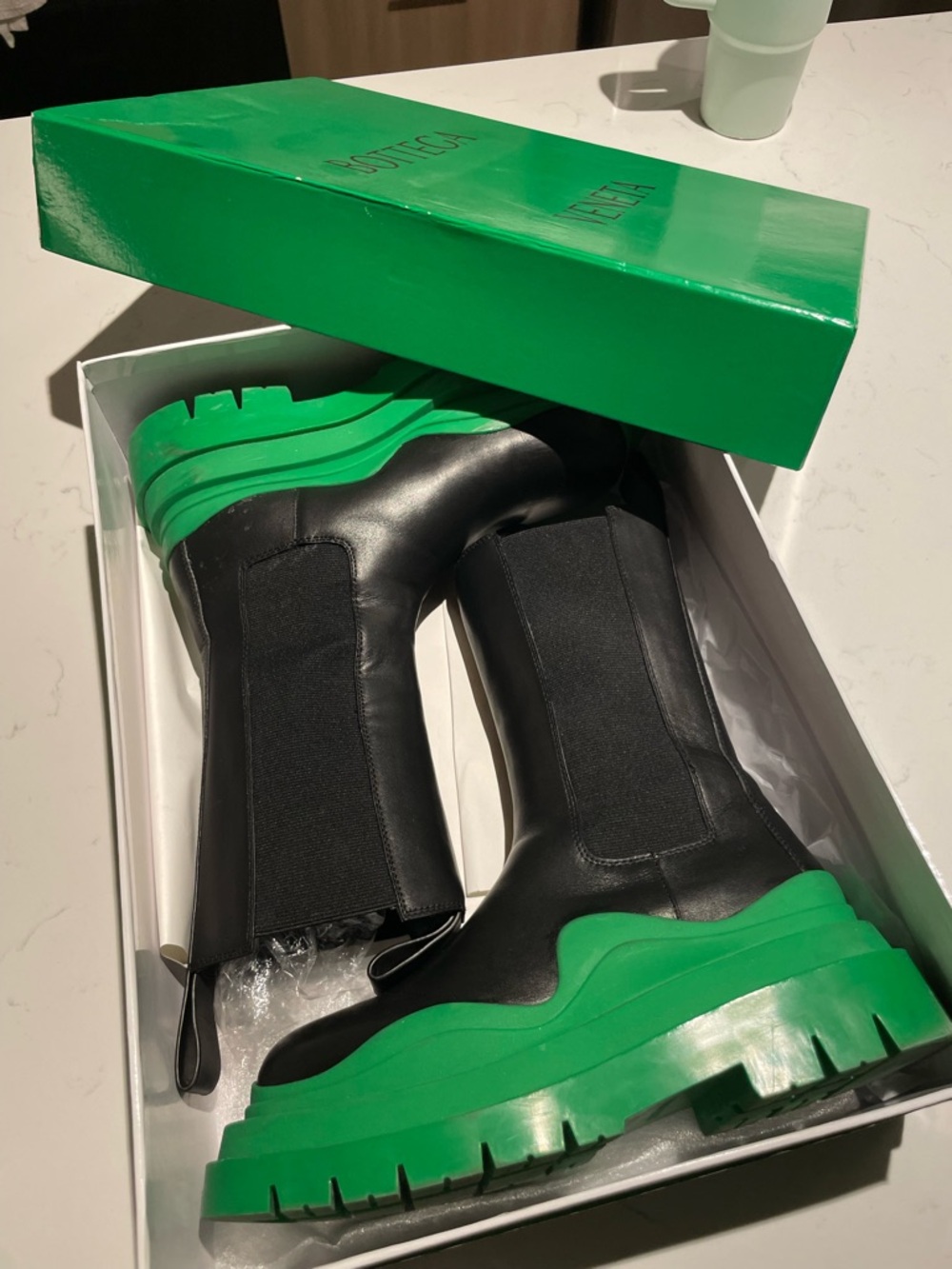 Black Leather Chelsea Boots with Green Lug Sole